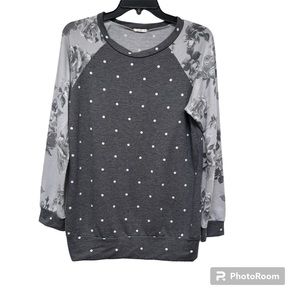 Gray Polka Dot Top with Long Floral Sleeves